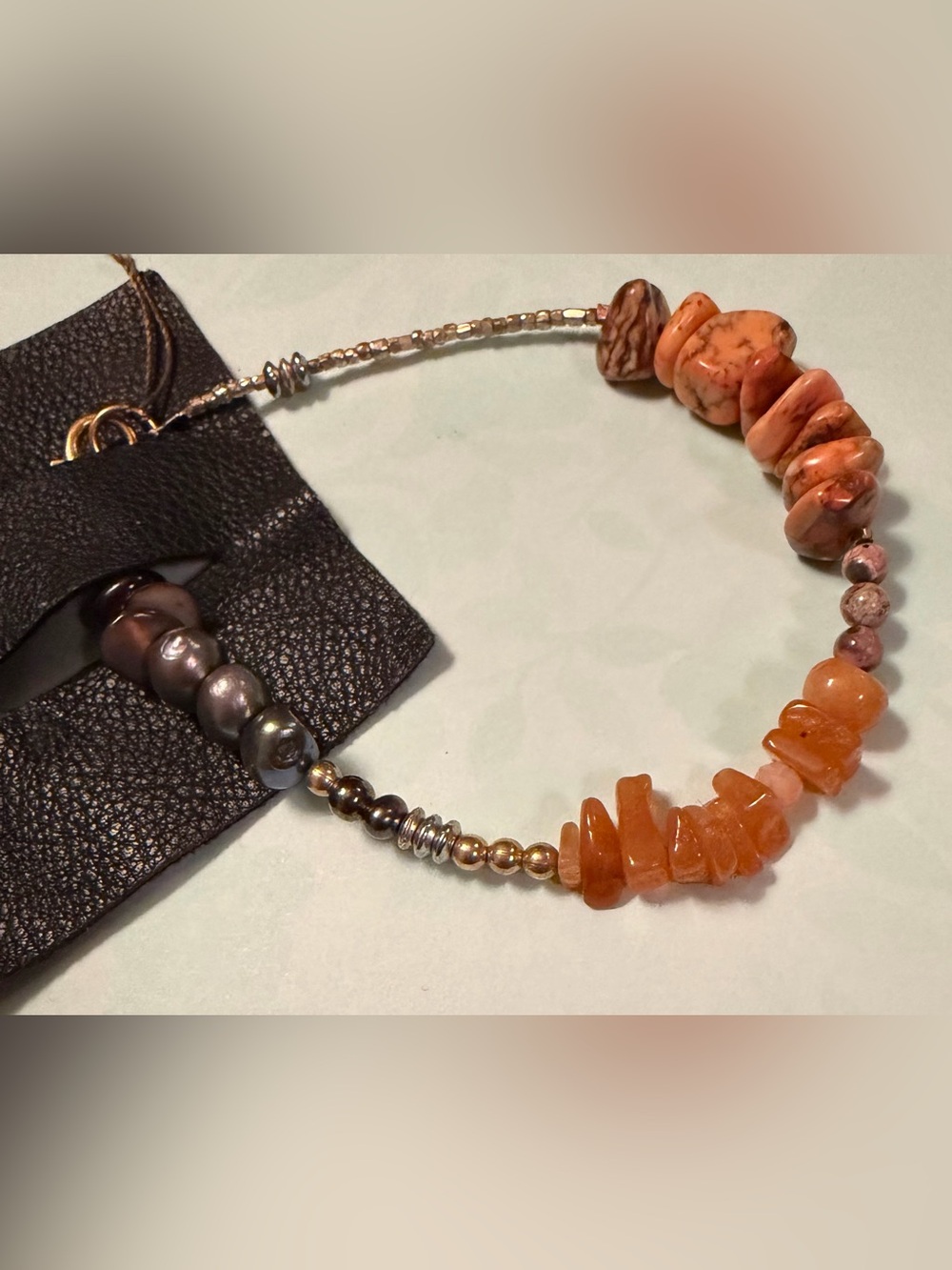 Fall colors bracelet with orange turquoise fresh water pearls silver and gold